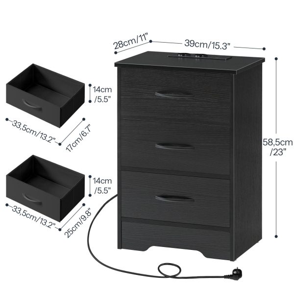 Black Bedside Table with Integrated Charging Station, Slim Side Table with 3 Szuflady z włókniny, 2 Gniazda, 1 USB-A & 1 Type-C Port for Living Room and Bedroom