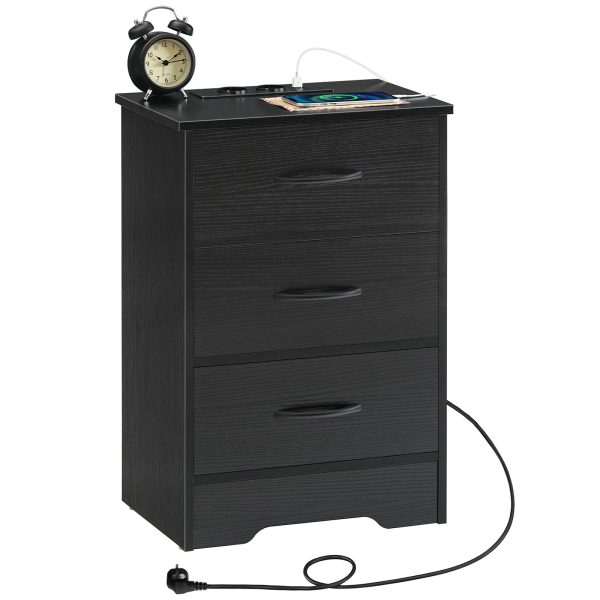 Black Bedside Table with Integrated Charging Station, Slim Side Table with 3 Szuflady z włókniny, 2 Gniazda, 1 USB-A & 1 Type-C Port for Living Room and Bedroom