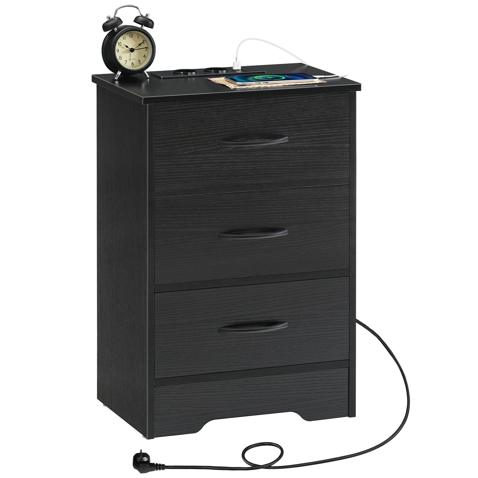 Black Bedside Table with Integrated Charging Station, Tenký príručný stolík s 3 Zásuvky z netkanej textílie, 2 Zásuvka, 1 USB-A & 1 Type-C Port for Living Room and Bedroom