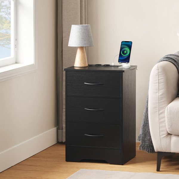 Black Bedside Table with Integrated Charging Station, Slim Side Table with 3 Szuflady z włókniny, 2 Gniazda, 1 USB-A & 1 Type-C Port for Living Room and Bedroom