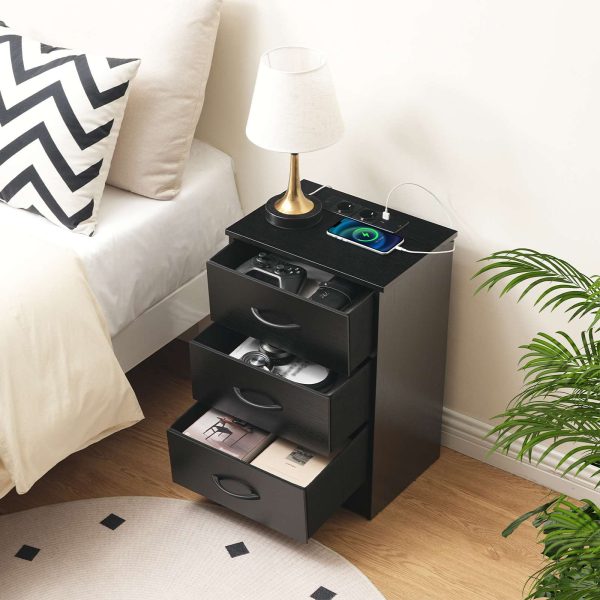 Black Bedside Table with Integrated Charging Station, Slim Side Table with 3 Szuflady z włókniny, 2 Gniazda, 1 USB-A & 1 Type-C Port for Living Room and Bedroom