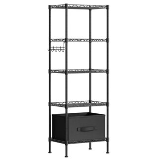 5-Tier Storage Rack, Wire Shelving Unit with Adjustable Shelves, Standing Metal Shelf with Removable Drawer and 5 Hooks for Bathroom, Living Room, Bedroom, Kitchen, Black
