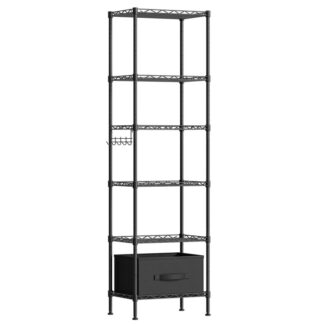 6-Tier Storage Rack, Wire Shelving Unit with Adjustable Shelves, Standing Metal Shelf with Removable Drawer and 5 Hooks for Bathroom, Living Room, Bedroom, Kitchen, Black