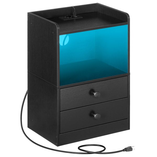 Bedside Table with LED Strip and Charging Station, 2-Drawer Storage Unit, Adjustable Light, Modern Style, Black, for Bedroom & Living Room