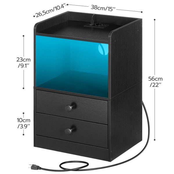 Bedside Table with LED Strip and Charging Station, 2-Drawer Storage Unit, Adjustable Light, Modern Style, Black, for Bedroom & Living Room