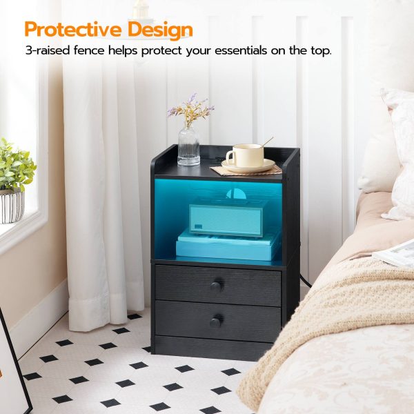 Bedside Table with LED Strip and Charging Station, 2-Drawer Storage Unit, Adjustable Light, Modern Style, Black, for Bedroom & Living Room