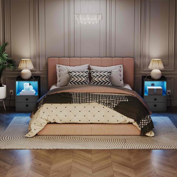 Bedside Table with LED Strip and Charging Station, 2-Drawer Storage Unit, Adjustable Light, Modern Style, Black, for Bedroom & Living Room