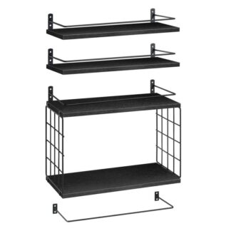 4+1 tier floating shelves, bathroom shelves over toilet with wire storage basket, wall mounted floating shelf for wall decor, wall shelf for bedroom living room kitchen black