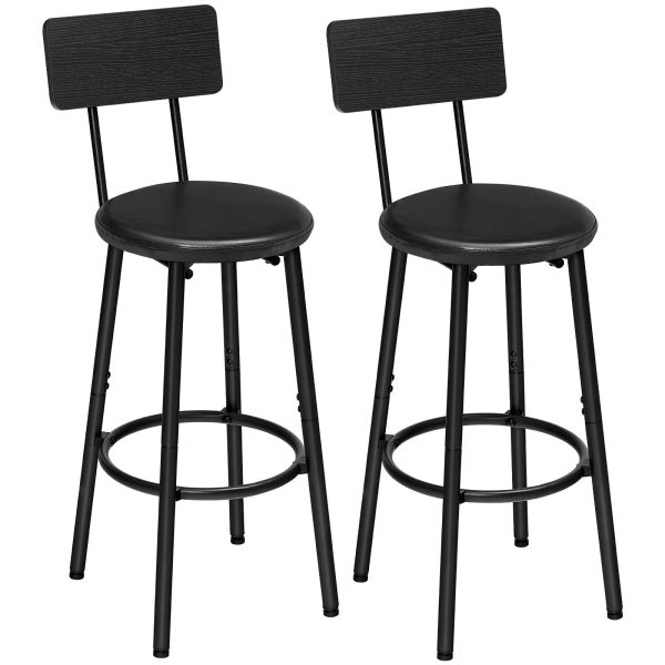 Set of 2 26-Inch Bar Stools, PU-Upholstered Counter Height Chairs with Backrest & Footrest, Industrial-Style Seating for Kitchen Island & Dining Room, Easy Assembly, Black Finish