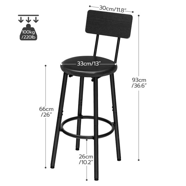 Set of 2 26-Inch Bar Stools, PU-Upholstered Counter Height Chairs with Backrest & Footrest, Industrial-Style Seating for Kitchen Island & Dining Room, Easy Assembly, Black Finish