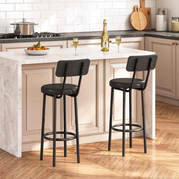 Set of 2 26-Inch Bar Stools, PU-Upholstered Counter Height Chairs with Backrest & Footrest, Industrial-Style Seating for Kitchen Island & Dining Room, Easy Assembly, Black Finish