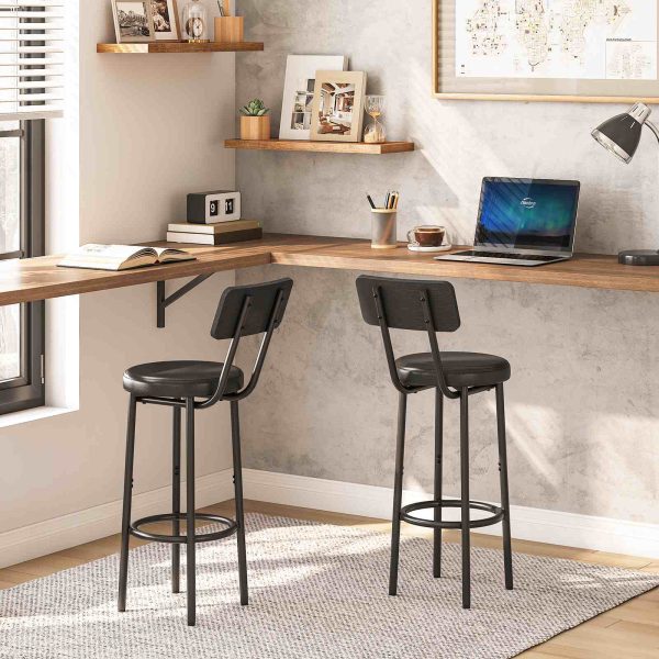 Set of 2 26-Inch Bar Stools, PU-Upholstered Counter Height Chairs with Backrest & Footrest, Industrial-Style Seating for Kitchen Island & Dining Room, Easy Assembly, Black Finish