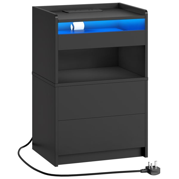 Black Bedside Table with Charging Station, End Table with 20-Color LED Lights, Nightstand with 1 AC Outlet, 2 USB Ports, 3 Drawers for Bedroom, Living Room, Study, Home Office