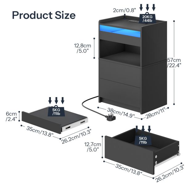 Black Bedside Table with Charging Station, End Table with 20-Color LED Lights, Nightstand with 1 AC Outlet, 2 USB Ports, 3 Drawers for Bedroom, Living Room, Study, Home Office