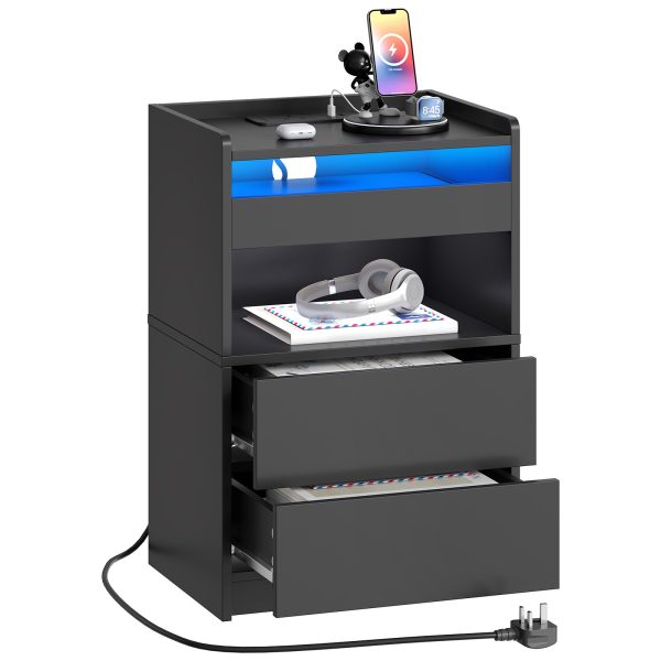 Black Bedside Table with Charging Station, End Table with 20-Color LED Lights, Nightstand with 1 AC Outlet, 2 USB Ports, 3 Drawers for Bedroom, Living Room, Study, Home Office