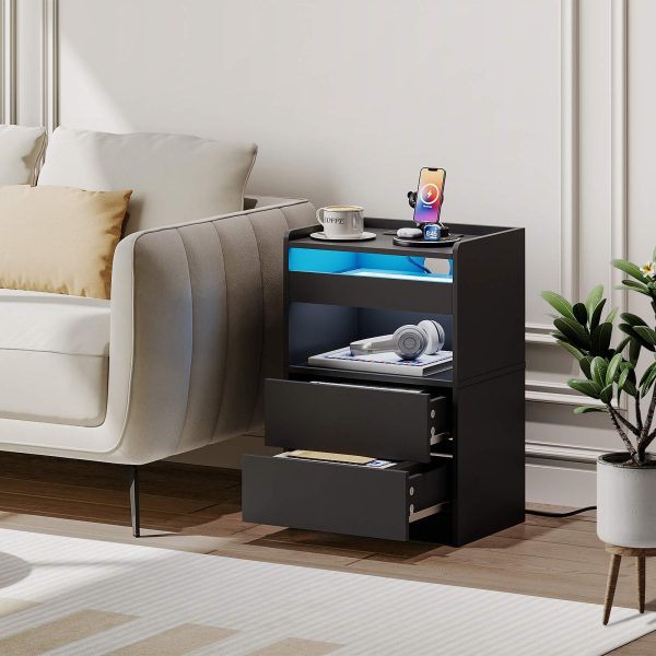 Black Bedside Table with Charging Station, End Table with 20-Color LED Lights, Nightstand with 1 AC Outlet, 2 USB Ports, 3 Drawers for Bedroom, Living Room, Study, Home Office