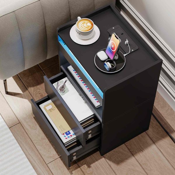 Black Bedside Table with Charging Station, End Table with 20-Color LED Lights, Nightstand with 1 AC Outlet, 2 USB Ports, 3 Drawers for Bedroom, Living Room, Study, Home Office