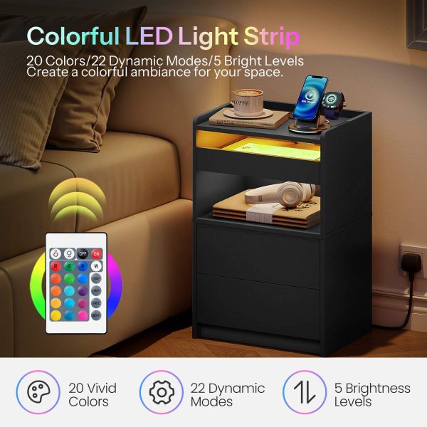 Black Bedside Table with Charging Station, End Table with 20-Color LED Lights, Nightstand with 1 AC Outlet, 2 USB Ports, 3 Drawers for Bedroom, Living Room, Study, Home Office