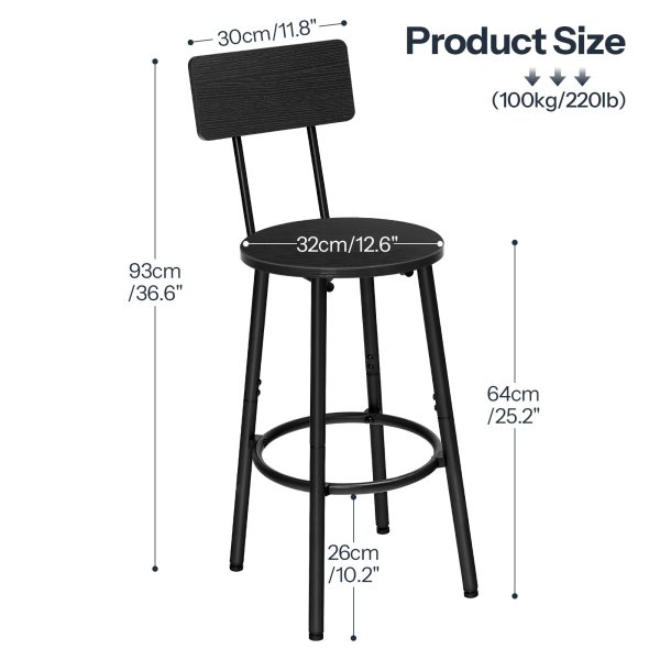 Bar Stools (Set of 2), Round Backrest Bar Chairs, 64.0cm Counter Height Stools for Kitchen Island, Dining Room, Sturdy Construction, Easy Assembly, Black