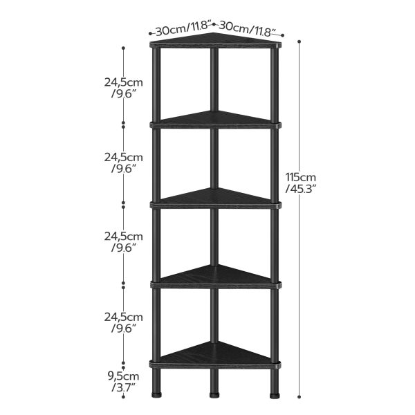 Estante esquinero industrial negro de 5 niveles, Estantería de esquina de pared con marco de metal, Estante de exhibición multifuncional para plantas, Flores y libros, Librería esquinera que ahorra espacio para dormitorio, Sala de estar