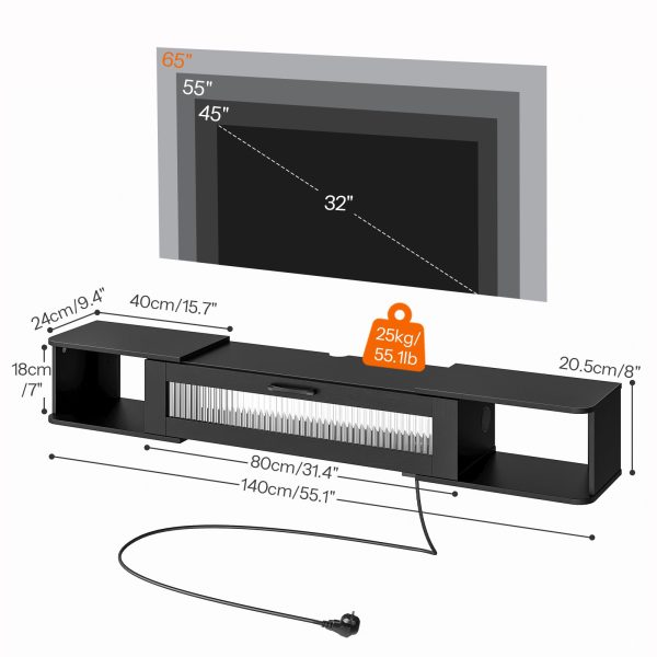 140خزانة تلفزيون عائمة مثبتة على الحائط مع محطة شحن, شريط LED ملون, 3 المنافذ القياسية و 2 منافذ يو اس بي, متوافق مع أجهزة التلفاز حتى 65 بوصة, أسود