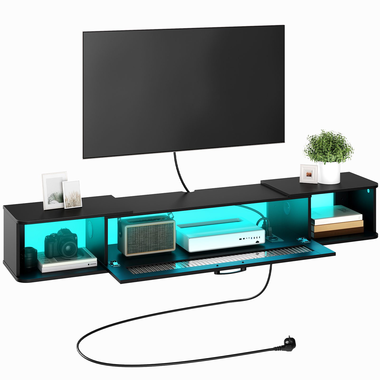 140cm Wall-Mounted Floating TV Cabinet with Charging Station, Colorful LED Strip, 3 Standard Outlets and 2 USB Ports, Compatible with TVs Up to 65 Inches, Black
