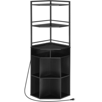 Kulmakaappi, jossa on USB -portit ja pistorasiat, Kulmavarastokaappi latausasemalla, Kulmakuutio kirjahylly, Puinen näyttö kirjahylly pienelle tilalle, Olohuone, Musta