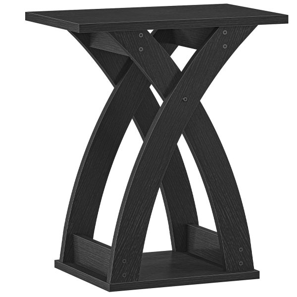 Narrow End Table with X-Shaped Support Structure, 2-Tier Slim Side Table with Storage Shelf, Space-Saving Bedside Furniture for Living Room, Bedroom and Compact Spaces, Black Finish