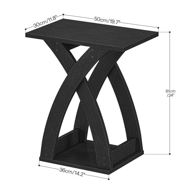 Narrow End Table with X-Shaped Support Structure, 2-Tier Slim Side Table with Storage Shelf, Space-Saving Bedside Furniture for Living Room, Bedroom and Compact Spaces, Black Finish