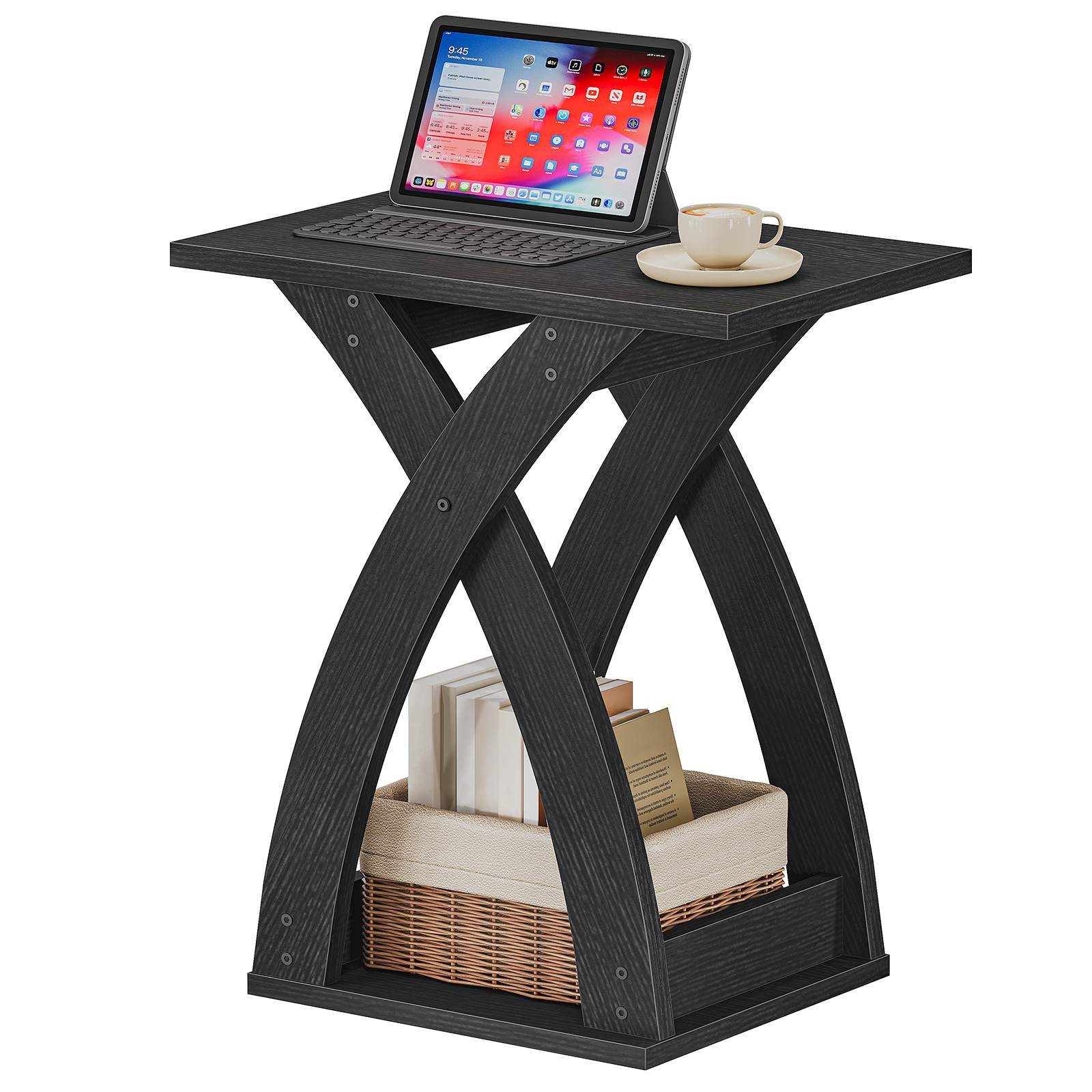 Narrow End Table with X-Shaped Support Structure, 2-Tier Slim Side Table with Storage Shelf, Space-Saving Bedside Furniture for Living Room, Bedroom and Compact Spaces, Black Finish