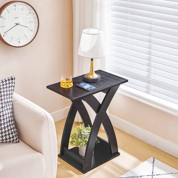 Narrow End Table with X-Shaped Support Structure, 2-Tier Slim Side Table with Storage Shelf, Space-Saving Bedside Furniture for Living Room, Bedroom and Compact Spaces, Black Finish
