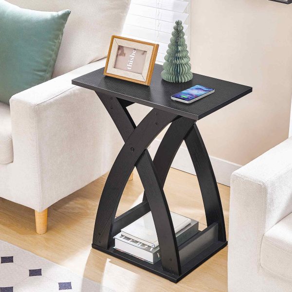 Narrow End Table with X-Shaped Support Structure, 2-Tier Slim Side Table with Storage Shelf, Space-Saving Bedside Furniture for Living Room, Bedroom and Compact Spaces, Black Finish