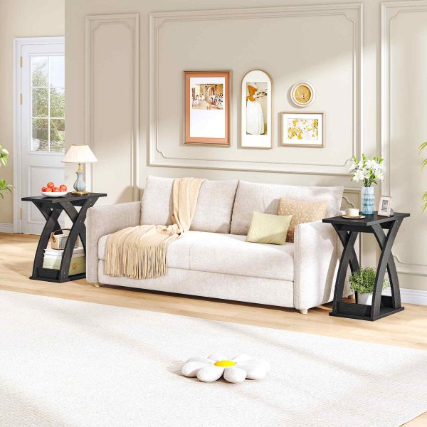 Narrow End Table with X-Shaped Support Structure, 2-Tier Slim Side Table with Storage Shelf, Space-Saving Bedside Furniture for Living Room, Bedroom and Compact Spaces, Black Finish