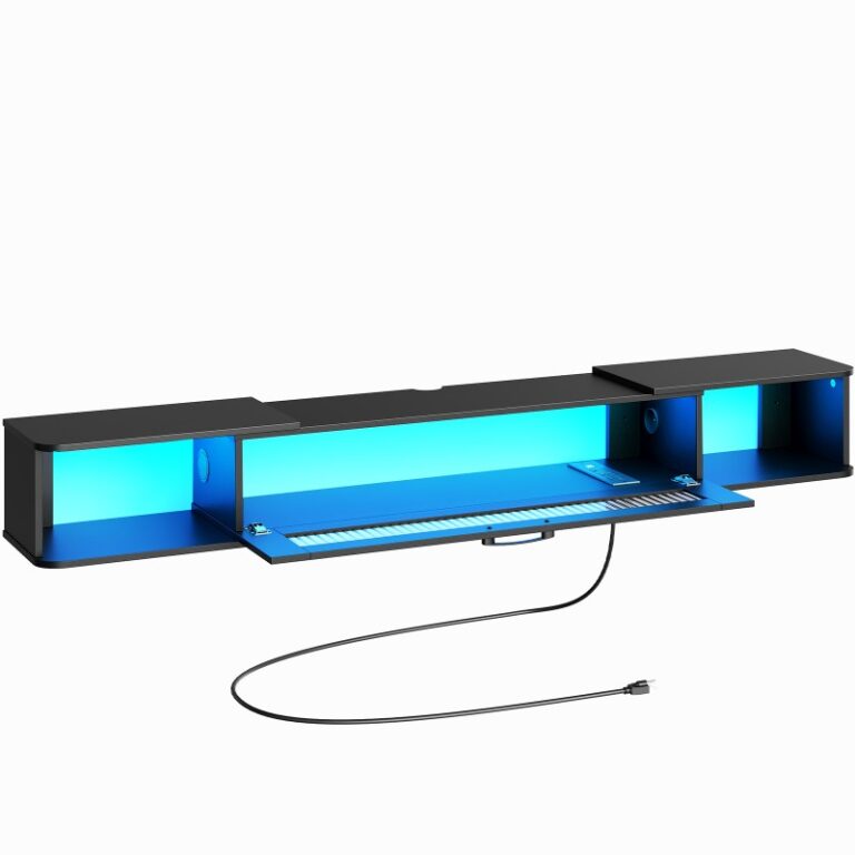 Floating TV Stand with LED Light Power Outlet for TVs up to 65, Wall Mounted TV Shelf, Modern Media Console Entertainment Center Under TV, for Living Room Bedroom, Black