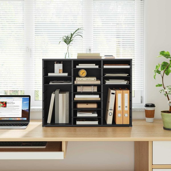 24-Compartment Wooden Literature Organizer, Countertop Mail Sorter with Adjustable Shelves, Multi-Scenario Document Storage Unit for Home, Office and School, Classroom Student Mailbox, Black Finish