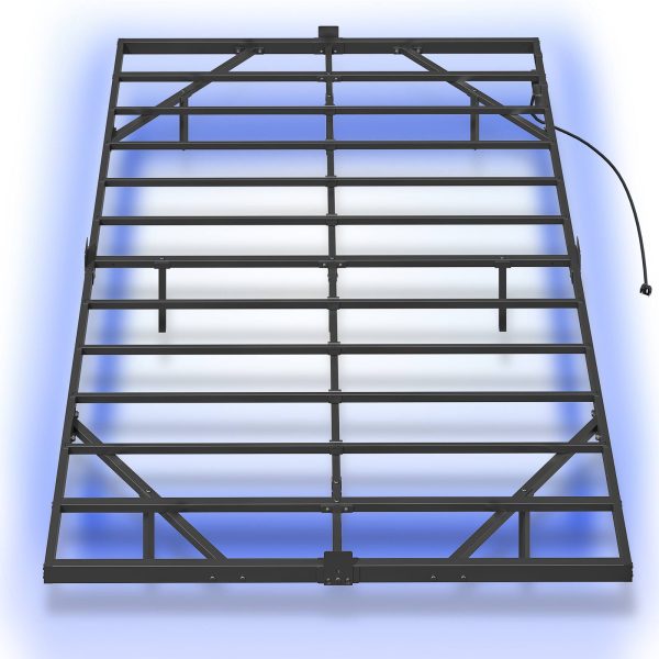 Πλωτό πλαίσιο κρεβατιού πλήρους μεγέθους, Κρεβάτι με μεταλλική πλατφόρμα βιομηχανικού στιλ με ενσωματωμένο σταθμό φόρτισης και φωτισμό LED, Σχεδιασμός Μείωσης Θορύβου, Δεν απαιτείται ελατήριο κουτιού, Μαύρο φινίρισμα