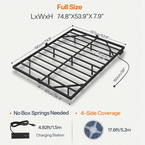 Πλωτό πλαίσιο κρεβατιού πλήρους μεγέθους, Κρεβάτι με μεταλλική πλατφόρμα βιομηχανικού στιλ με ενσωματωμένο σταθμό φόρτισης και φωτισμό LED, Σχεδιασμός Μείωσης Θορύβου, Δεν απαιτείται ελατήριο κουτιού, Μαύρο φινίρισμα