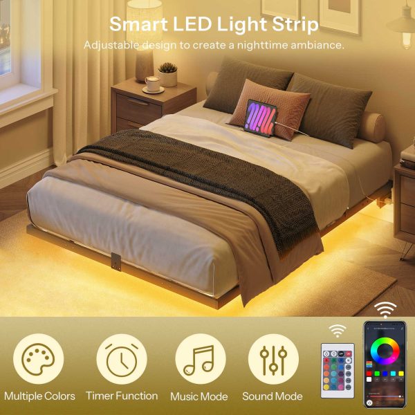 Πλωτό πλαίσιο κρεβατιού πλήρους μεγέθους, Κρεβάτι με μεταλλική πλατφόρμα βιομηχανικού στιλ με ενσωματωμένο σταθμό φόρτισης και φωτισμό LED, Σχεδιασμός Μείωσης Θορύβου, Δεν απαιτείται ελατήριο κουτιού, Μαύρο φινίρισμα