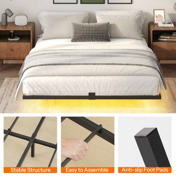 Πλωτό πλαίσιο κρεβατιού πλήρους μεγέθους, Κρεβάτι με μεταλλική πλατφόρμα βιομηχανικού στιλ με ενσωματωμένο σταθμό φόρτισης και φωτισμό LED, Σχεδιασμός Μείωσης Θορύβου, Δεν απαιτείται ελατήριο κουτιού, Μαύρο φινίρισμα