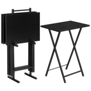 folding tv tray tables, set of 4 tv trays with storage rack, industrial side table for eating at couch, foldable snack table for small space, easy assembly, black