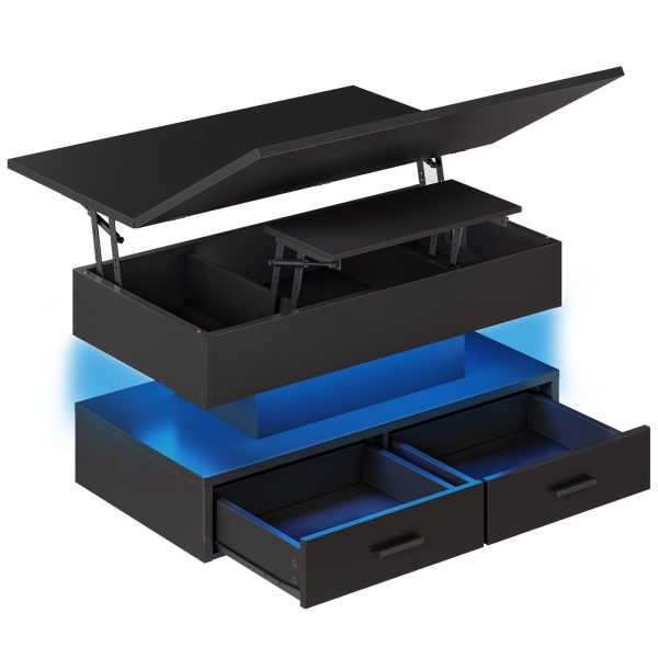 Lift Top sohvapöytä, 4-in-1 monitoiminen nostettava sohvapöytä piilolokerolla ja LED-valonauhalla, Sopii olohuoneeseen ja ruokailutilaan, Musta