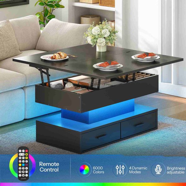 Lift Top sohvapöytä, 4-in-1 monitoiminen nostettava sohvapöytä piilolokerolla ja LED-valonauhalla, Sopii olohuoneeseen ja ruokailutilaan, Musta