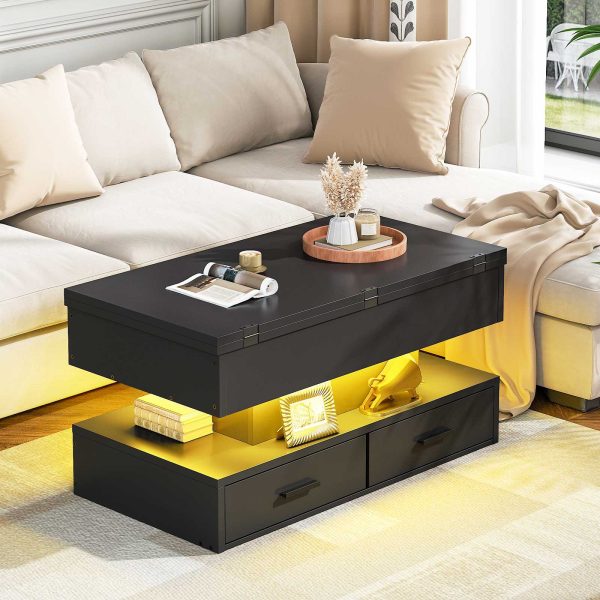 Lift Top sohvapöytä, 4-in-1 monitoiminen nostettava sohvapöytä piilolokerolla ja LED-valonauhalla, Sopii olohuoneeseen ja ruokailutilaan, Musta