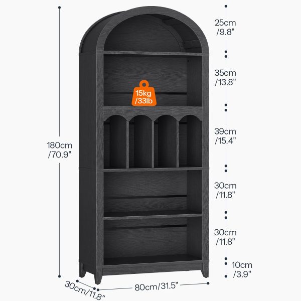 70.9-Palec oblouková knihovna, 5-Otevřená knihovna ve stylu Tier Farmhouse, Dřevěná úložná skříň do obývacího pokoje & Kancelář, Černá povrchová úprava