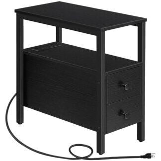 Table de bout avec station de recharge, Table d'appoint étroite avec 2 Tiroir & Ports USB & Prises de courant, Table de nuit pour petits espaces, Stable et robuste, pour le salon, Chambre à coucher, Noir