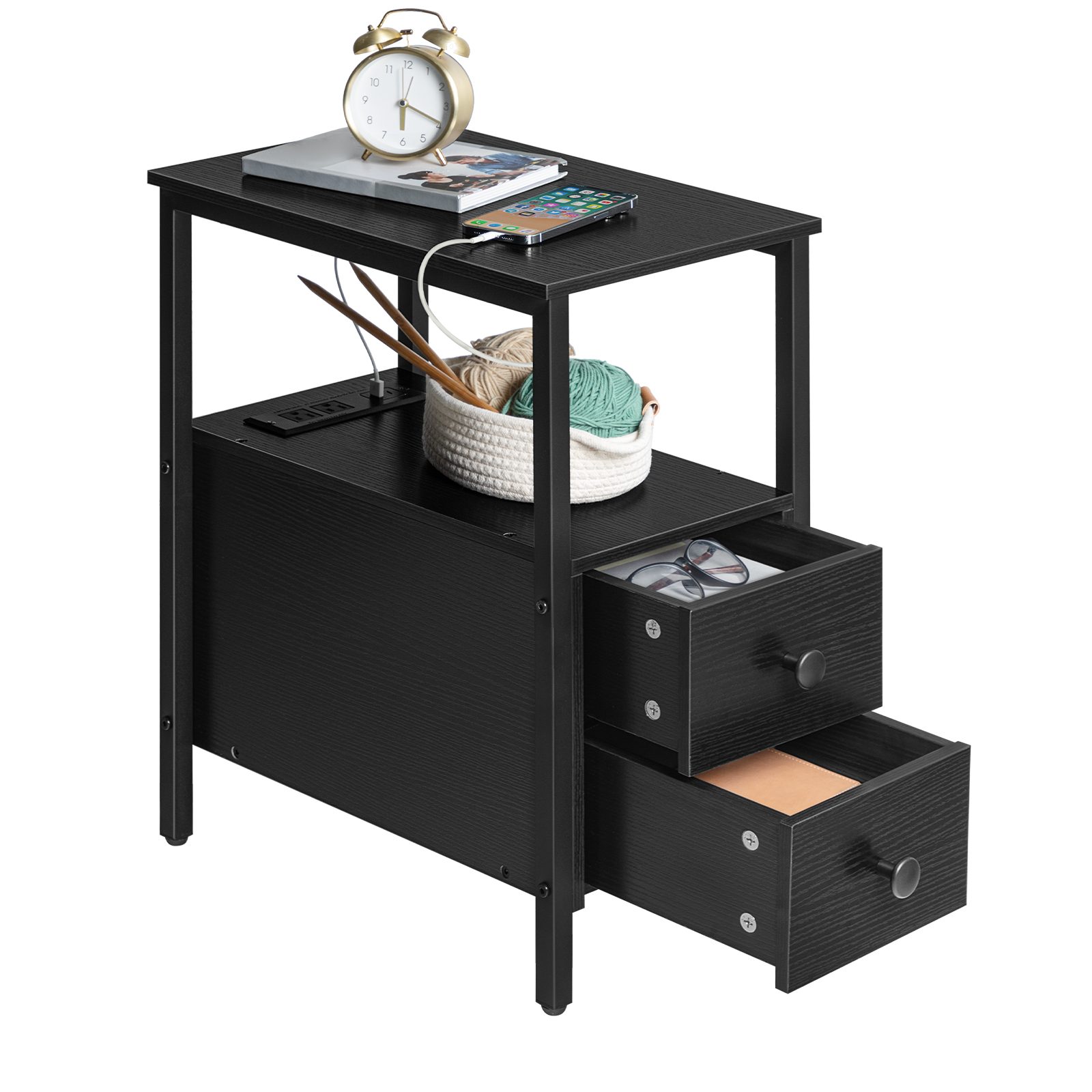 Tavolo di fine nero con stazione di ricarica, Tavolino stretto con 2 Cassetti, Porte USB e prese di corrente, Stable Nightstand for Small Spaces, Adatto per soggiorno e camera da letto