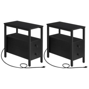 Set of 2 Bedside Tables with Charging Station, Narrow Side Table with Drawers & USB Ports & Power Outlets, Nightstand for Small Spaces, Living Room, Stable and Sturdy, Black