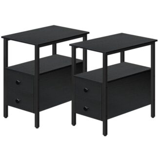 end table, set of 2, recliner side table with 2 drawers and open shelves, narrow nightstand for small spaces, in living room, bedroom, wood look accent table, black