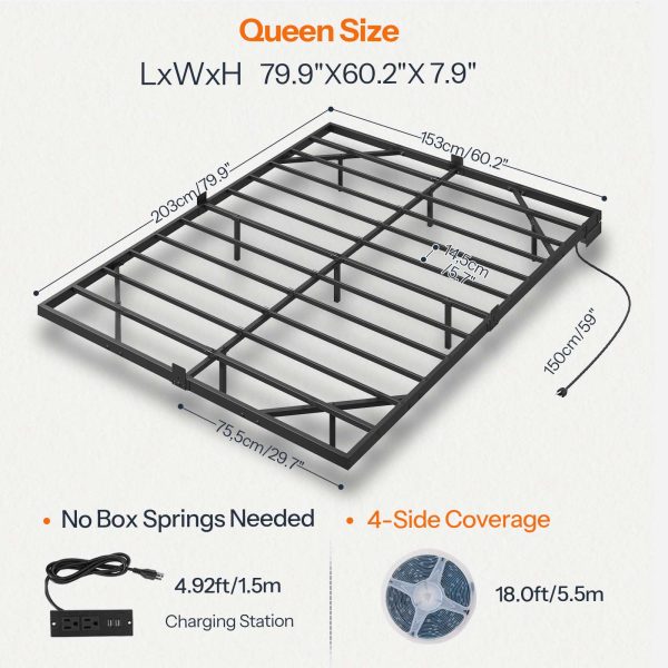 Queen Size Floating Black Metal Platform Bed Frame with Integrated Charging Station and LED Lighting, Industrial Style, Soundless & Stable, No Box Spring Required