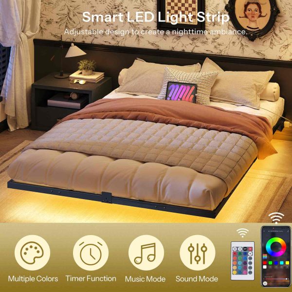 Queen Size Floating Black Metal Platform Bed Frame with Integrated Charging Station and LED Lighting, Industrial Style, Soundless & Stable, No Box Spring Required